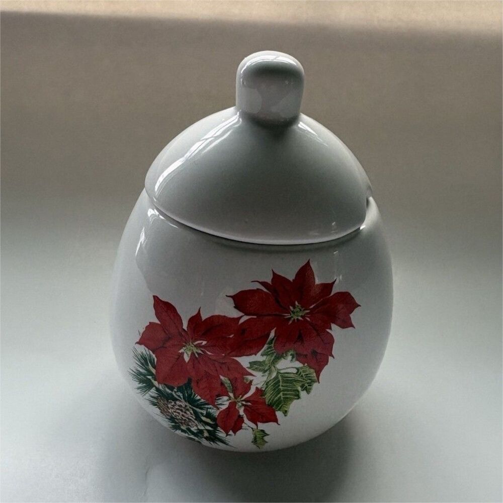 Vintage Russ Berrie Crimson Poinsettia Christmas Sugar Bowl 1980s Retro Pinecone